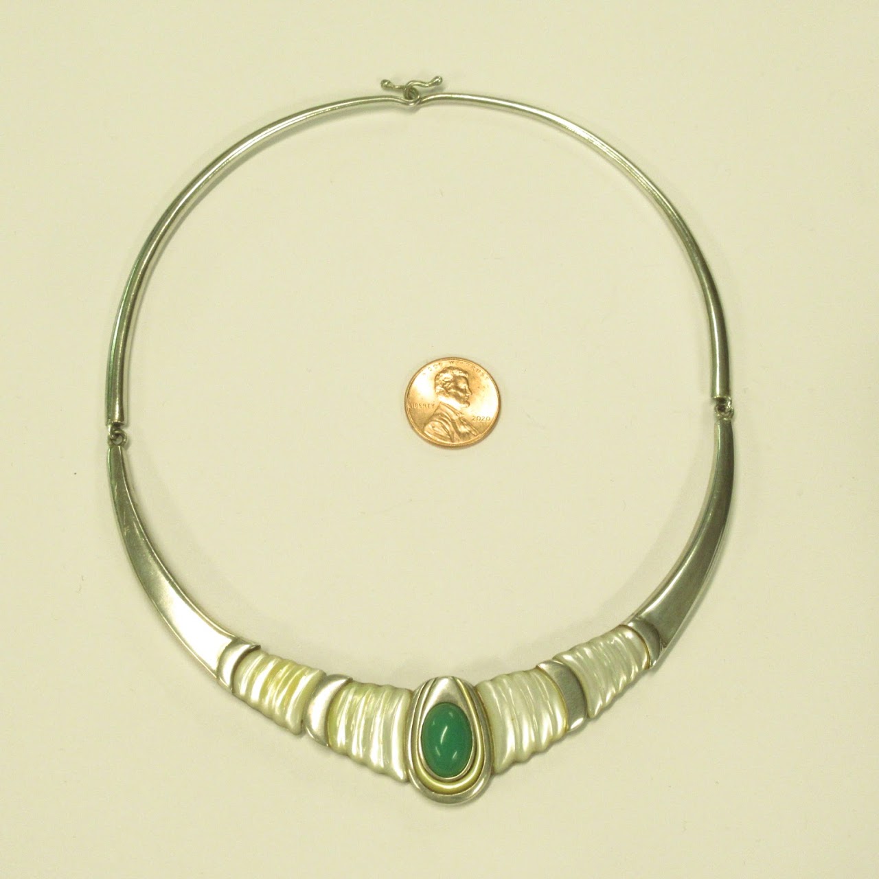 Sterling Silver, Shell & Green Stone Necklace