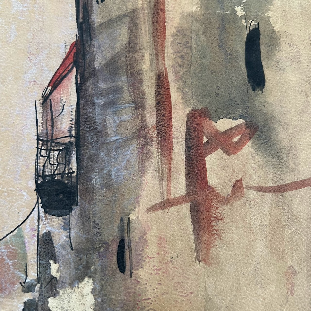 Mid-Century Street Scene Watercolor Painting