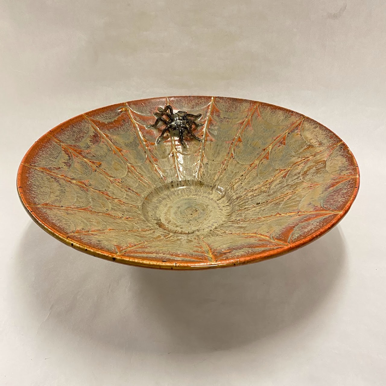 Signed Ceramic Spider Web Bowl With Spider Accent