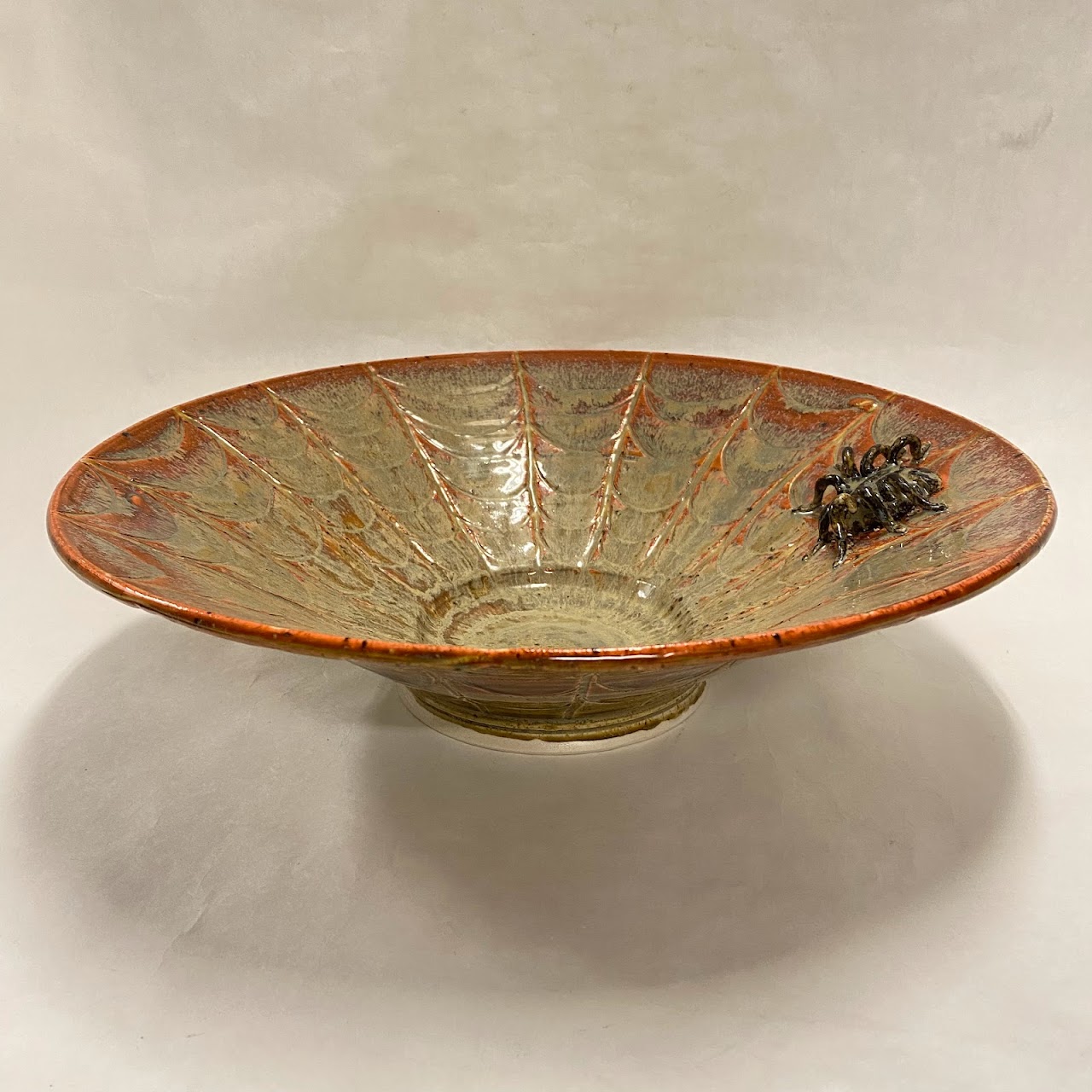 Signed Ceramic Spider Web Bowl With Spider Accent