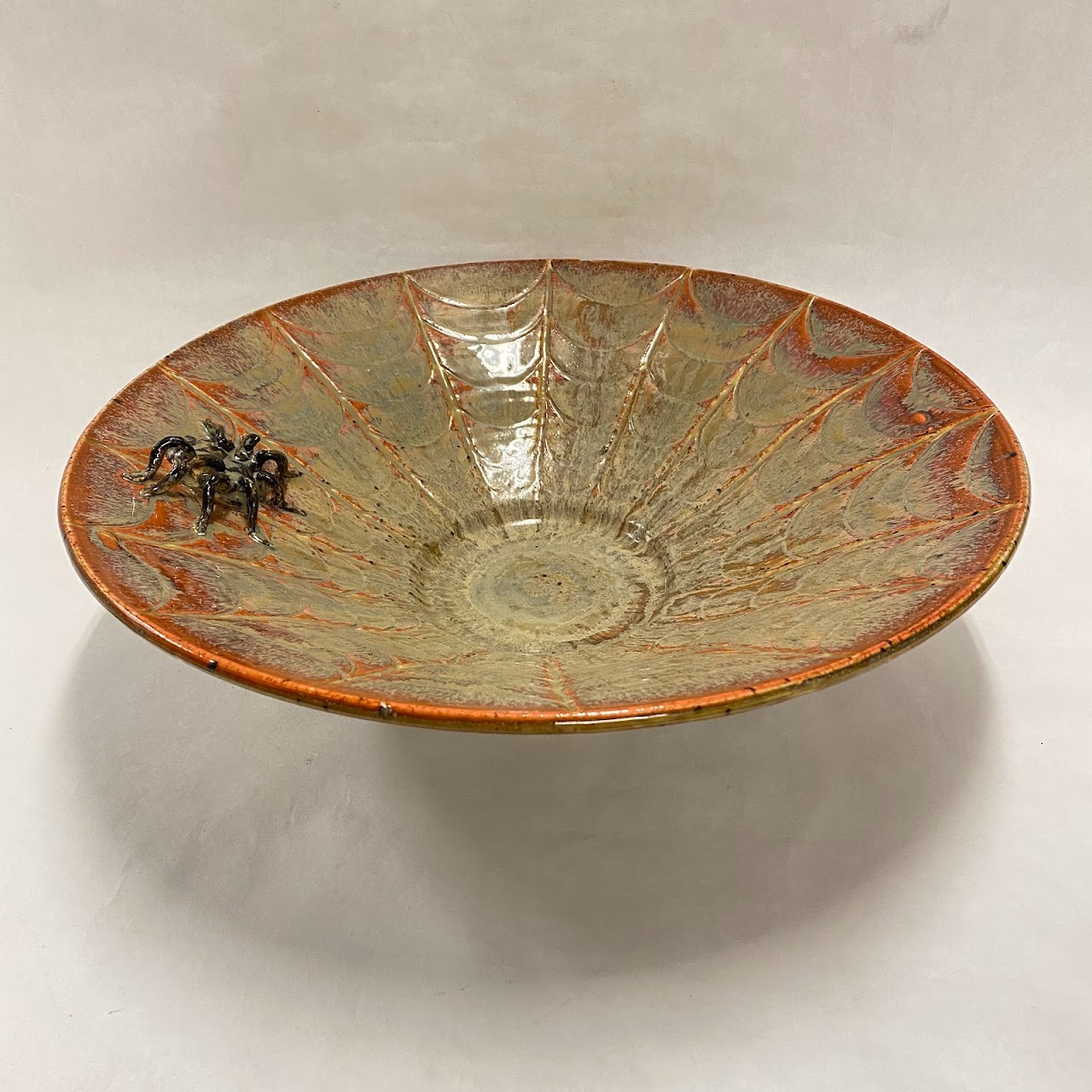 Signed Ceramic Spider Web Bowl With Spider Accent