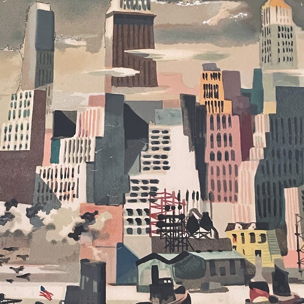 New York Harbor Cityscape Signed Watercolor Painting