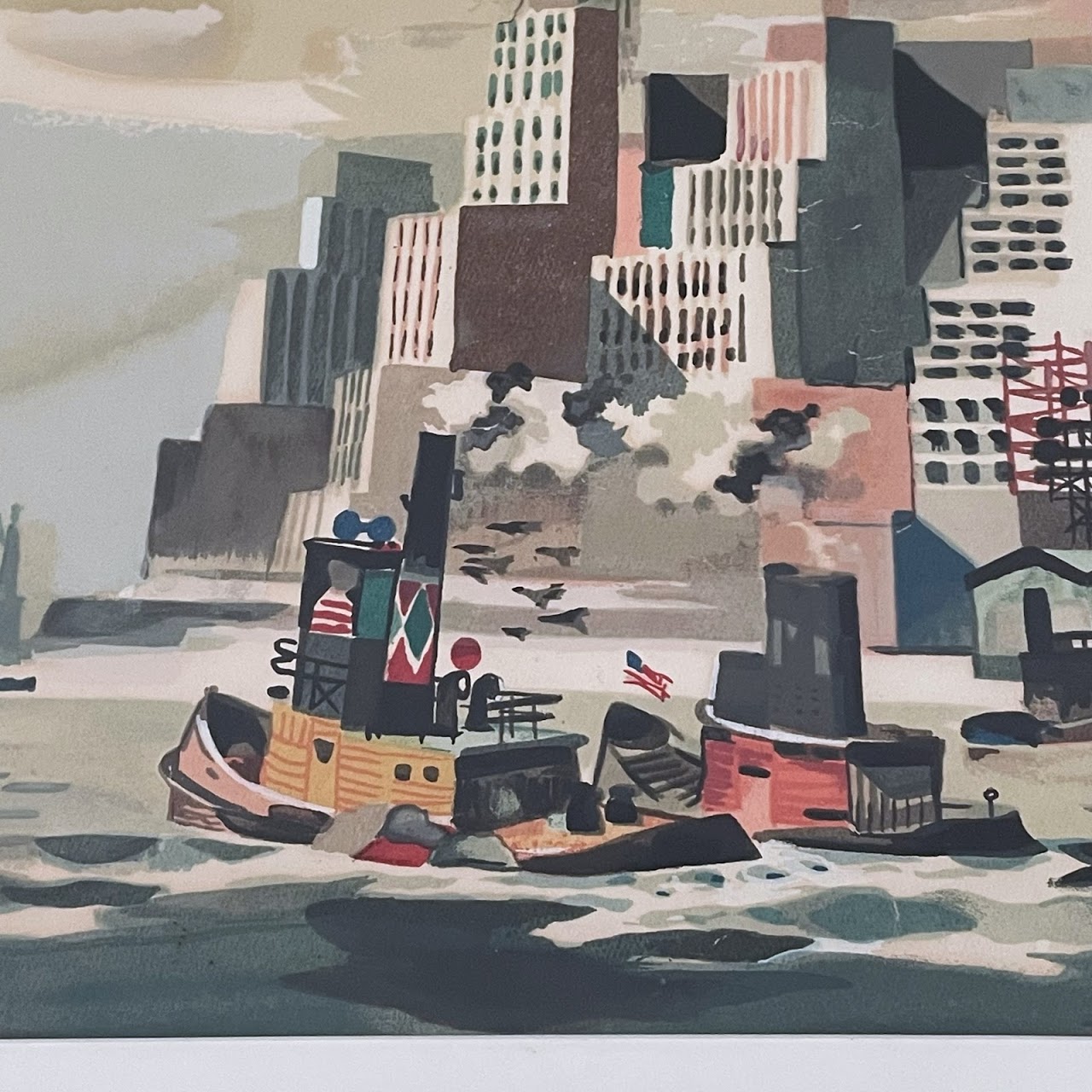 New York Harbor Cityscape Signed Watercolor Painting