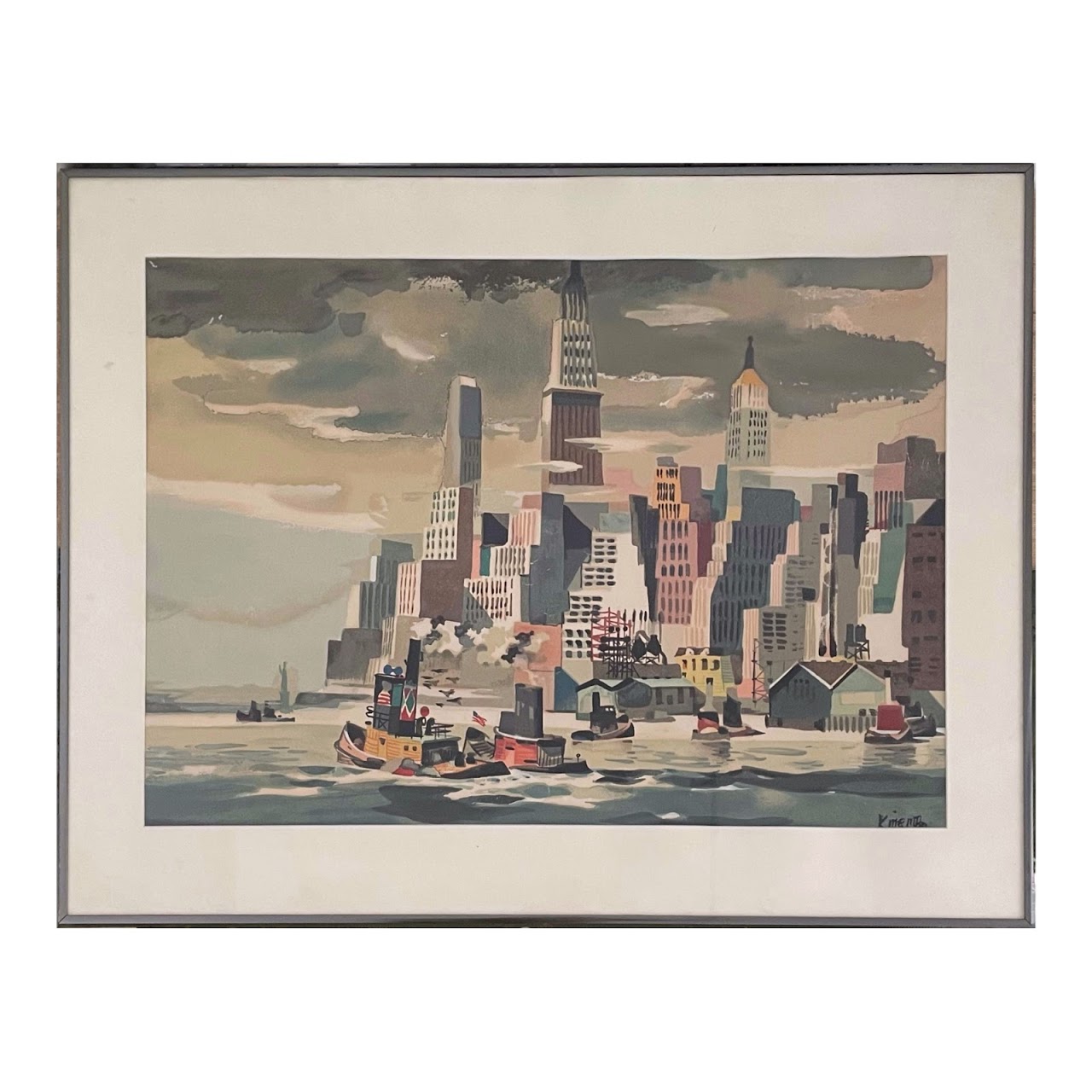 New York Harbor Cityscape Signed Watercolor Painting