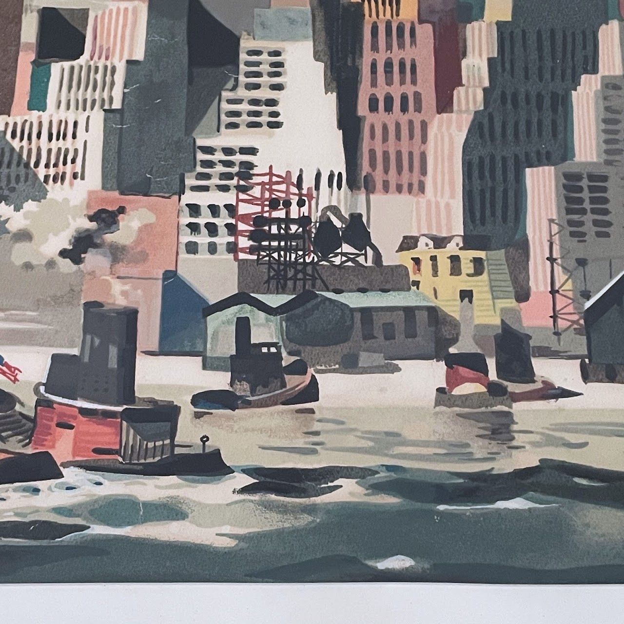 New York Harbor Cityscape Signed Watercolor Painting