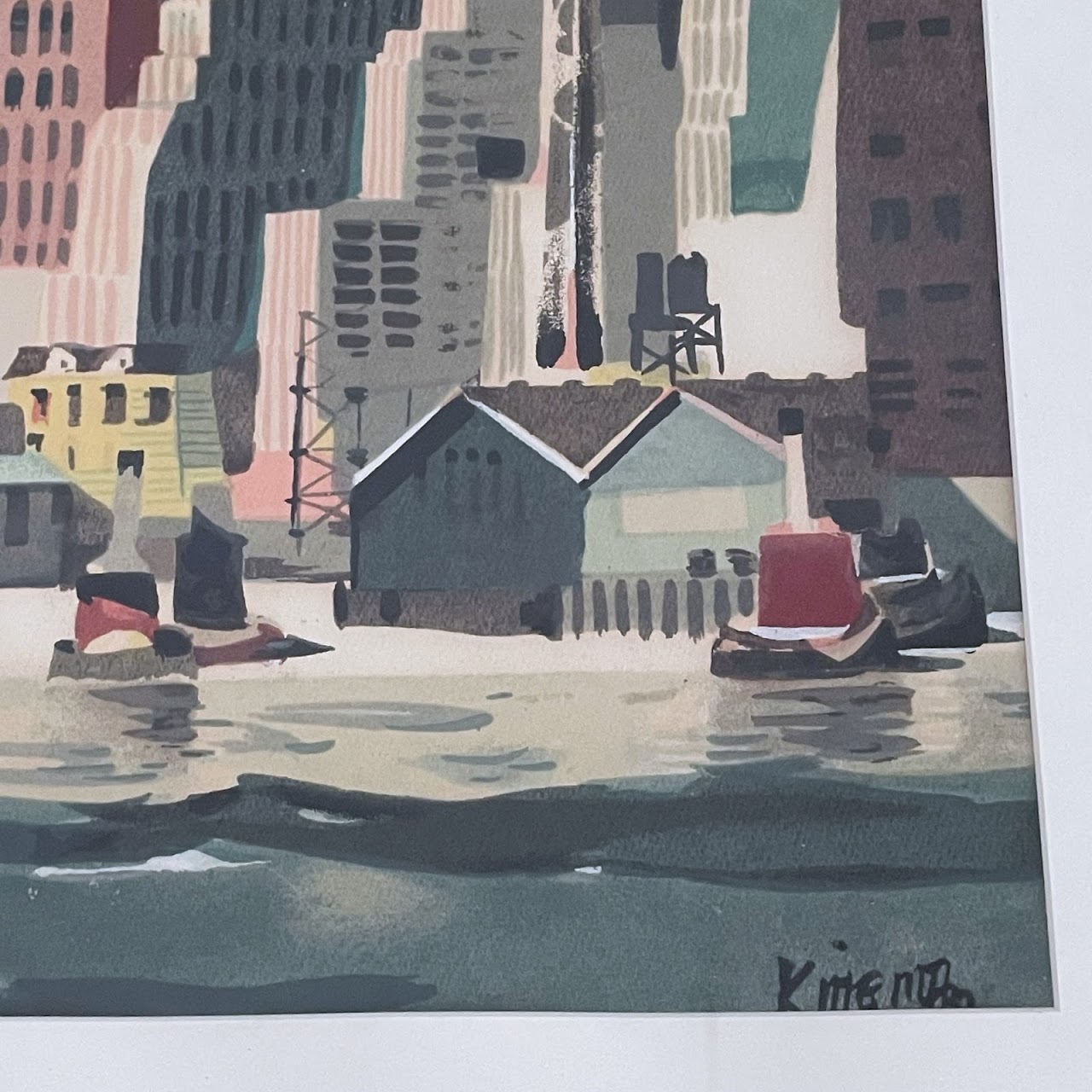 New York Harbor Cityscape Signed Watercolor Painting