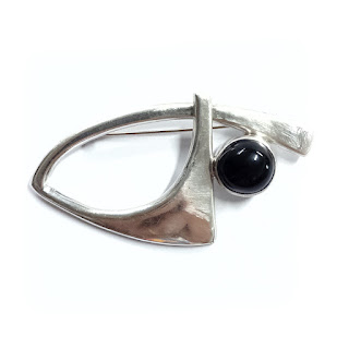 Sterling Silver and Onyx Modernist Brooch