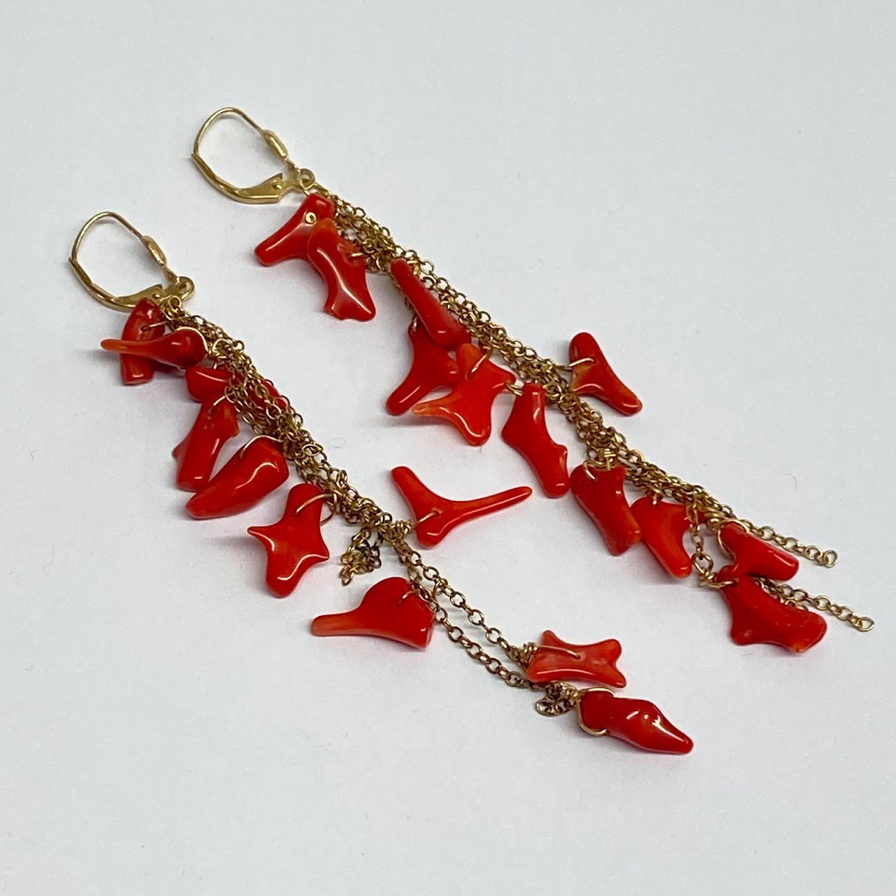 14K Gold Red Coral Drop Earrings