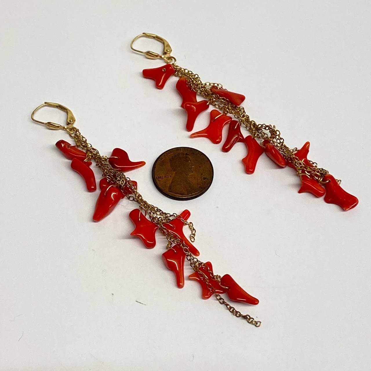 14K Gold Red Coral Drop Earrings