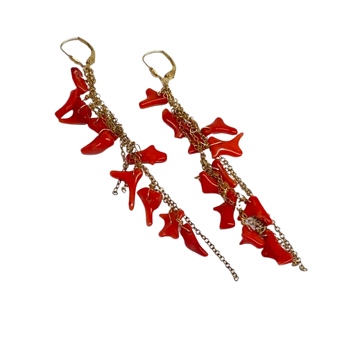 14K Gold Red Coral Drop Earrings