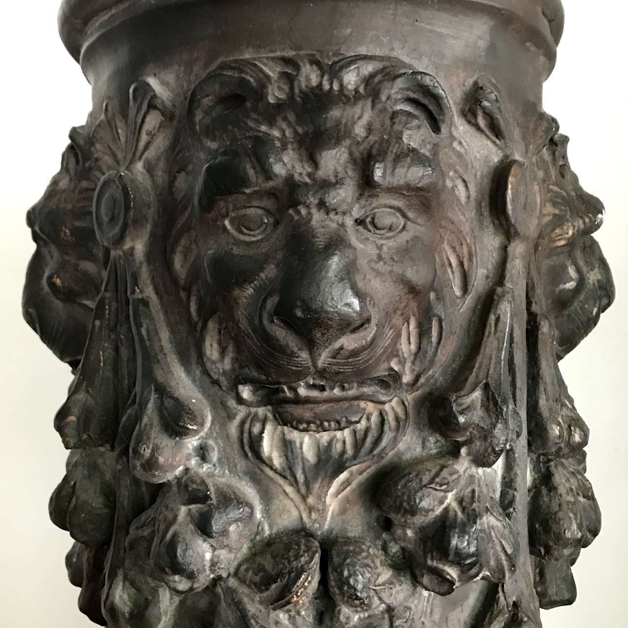 Lion's Head Plaster Column Pedestal Pair