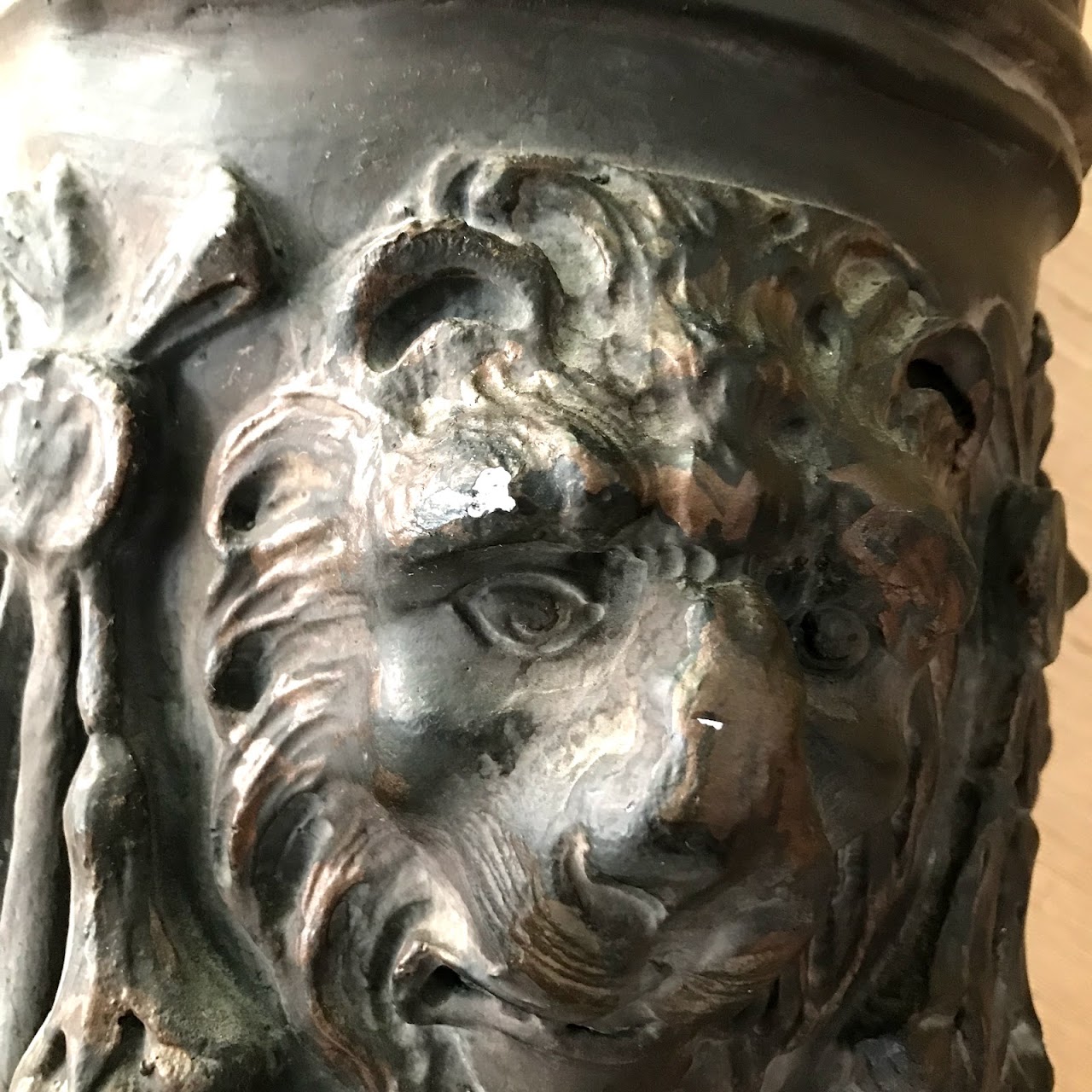 Lion's Head Plaster Column Pedestal Pair