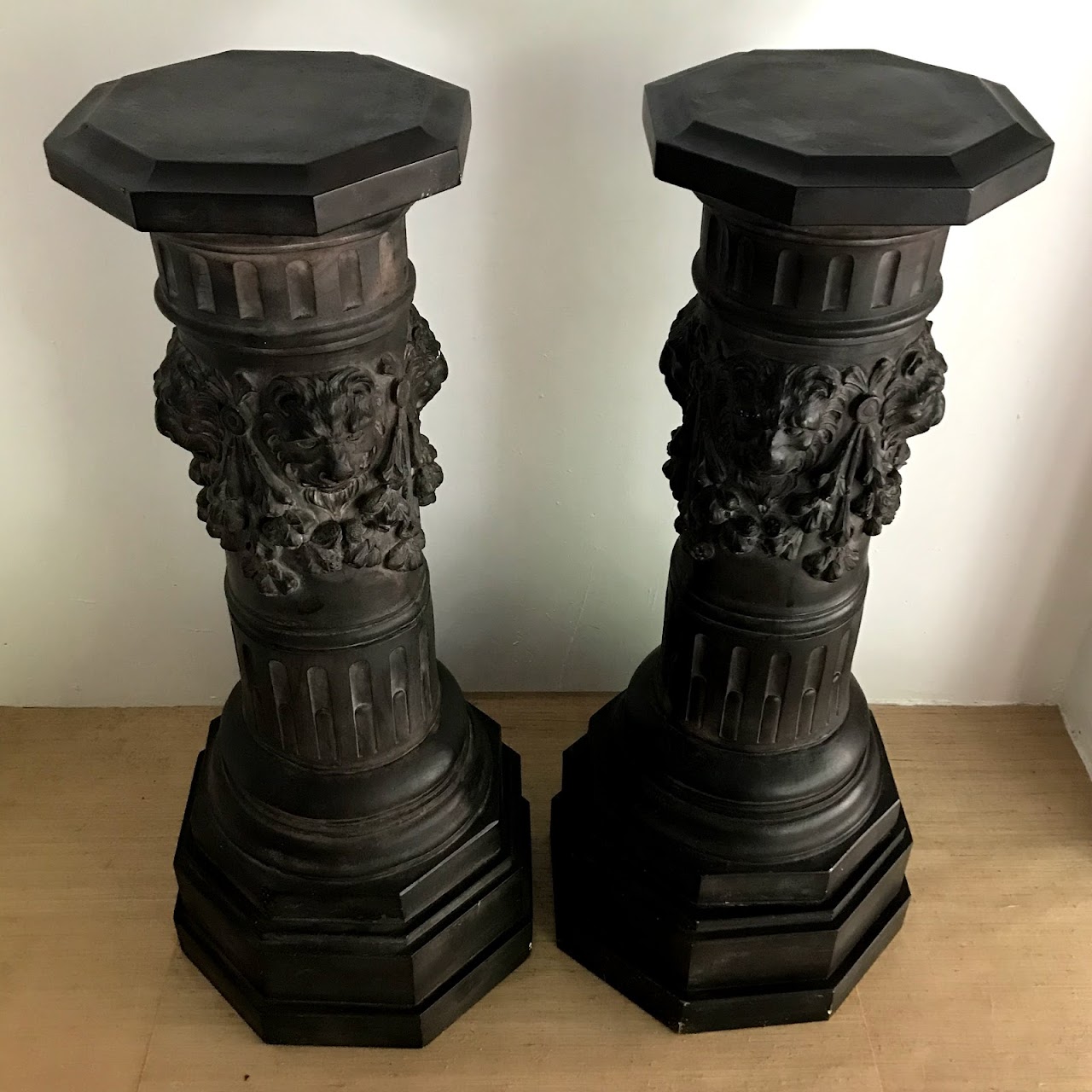 Lion's Head Plaster Column Pedestal Pair