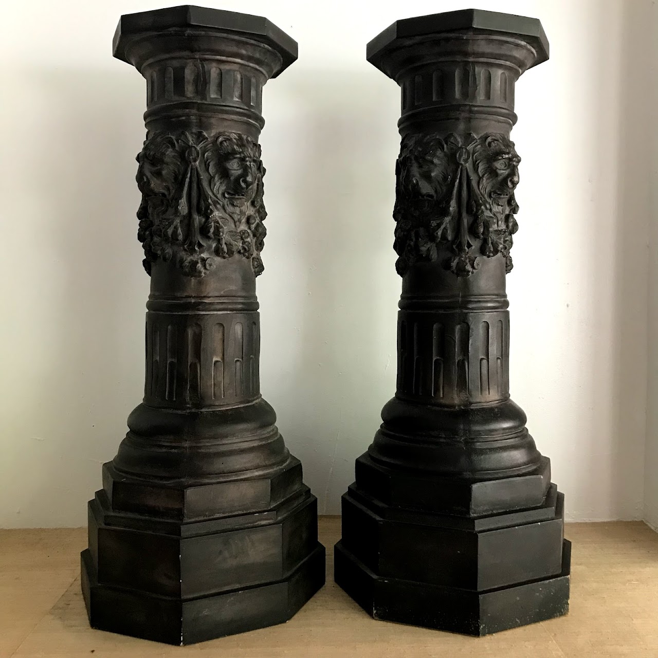 Lion's Head Plaster Column Pedestal Pair