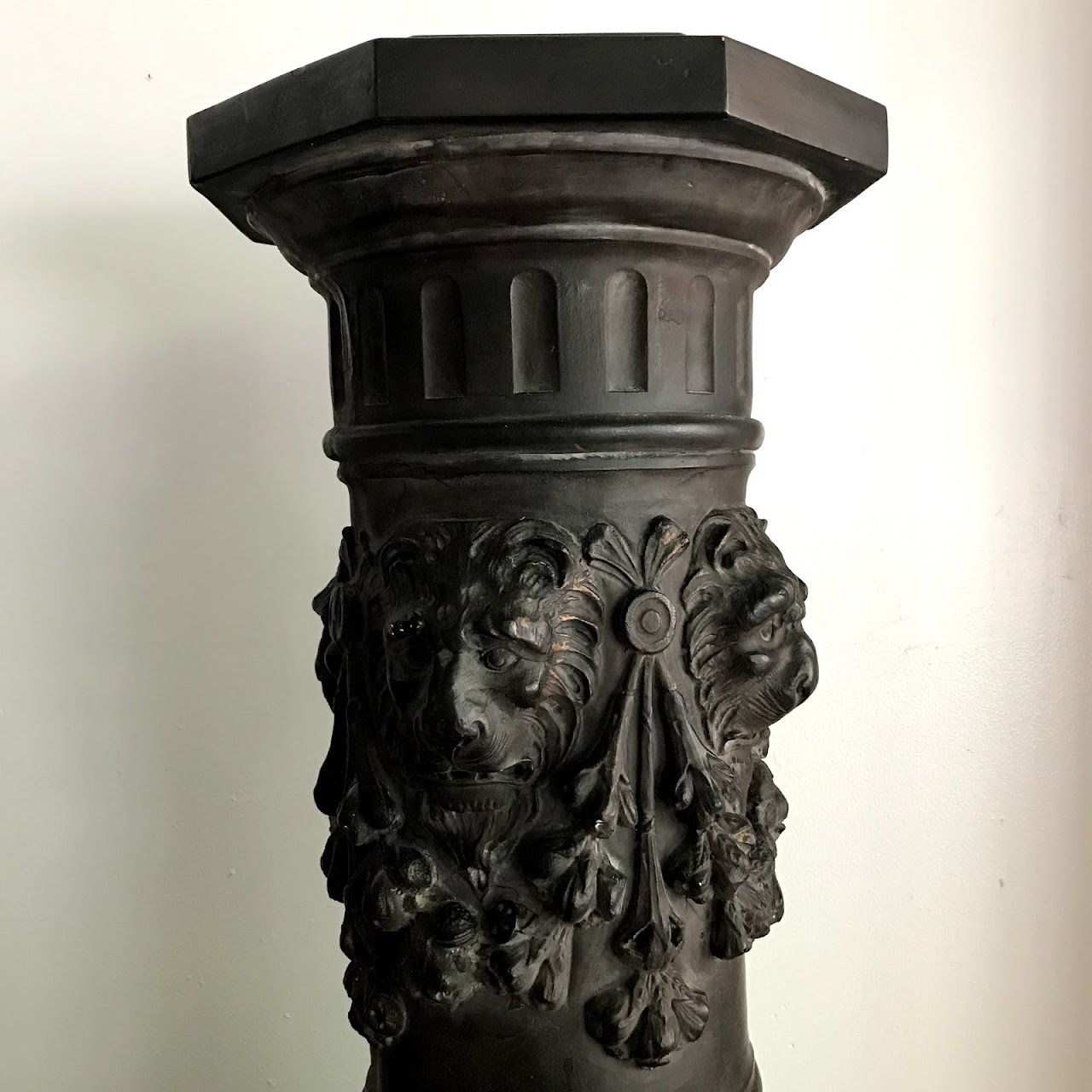 Lion's Head Plaster Column Pedestal Pair