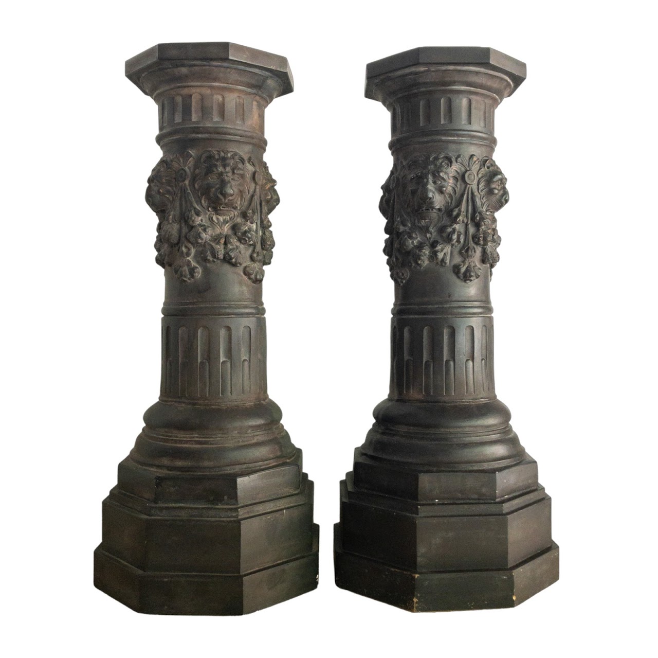 Lion's Head Plaster Column Pedestal Pair