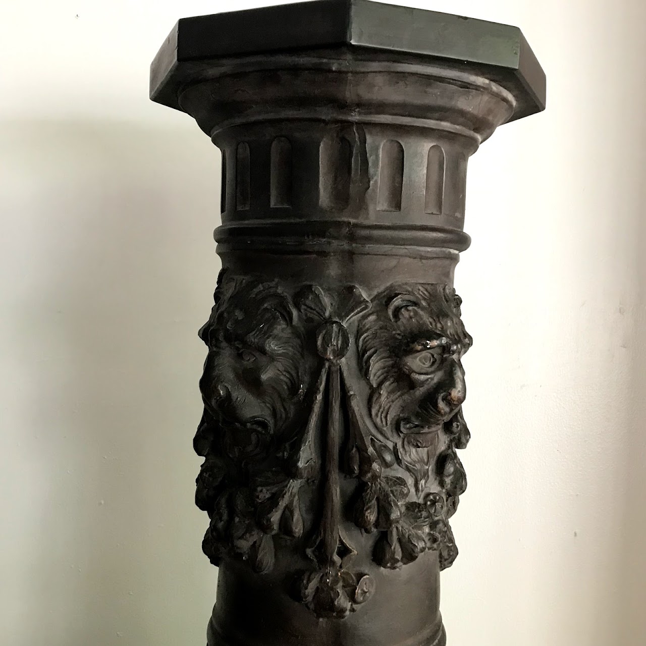 Lion's Head Plaster Column Pedestal Pair