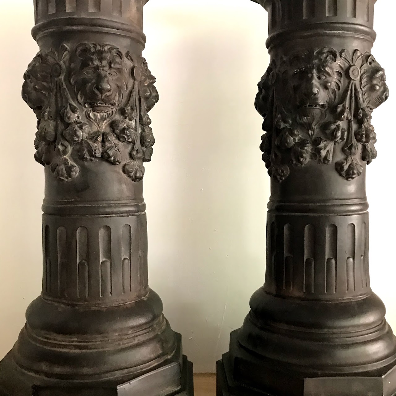 Lion's Head Plaster Column Pedestal Pair