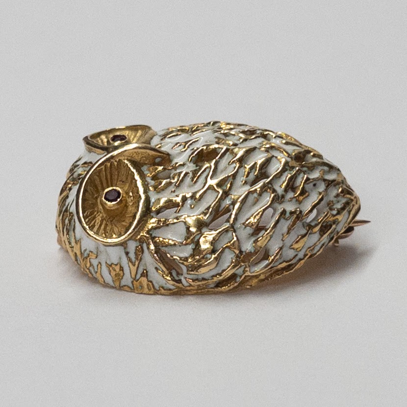 18K Gold & Enamel Owl Brooch