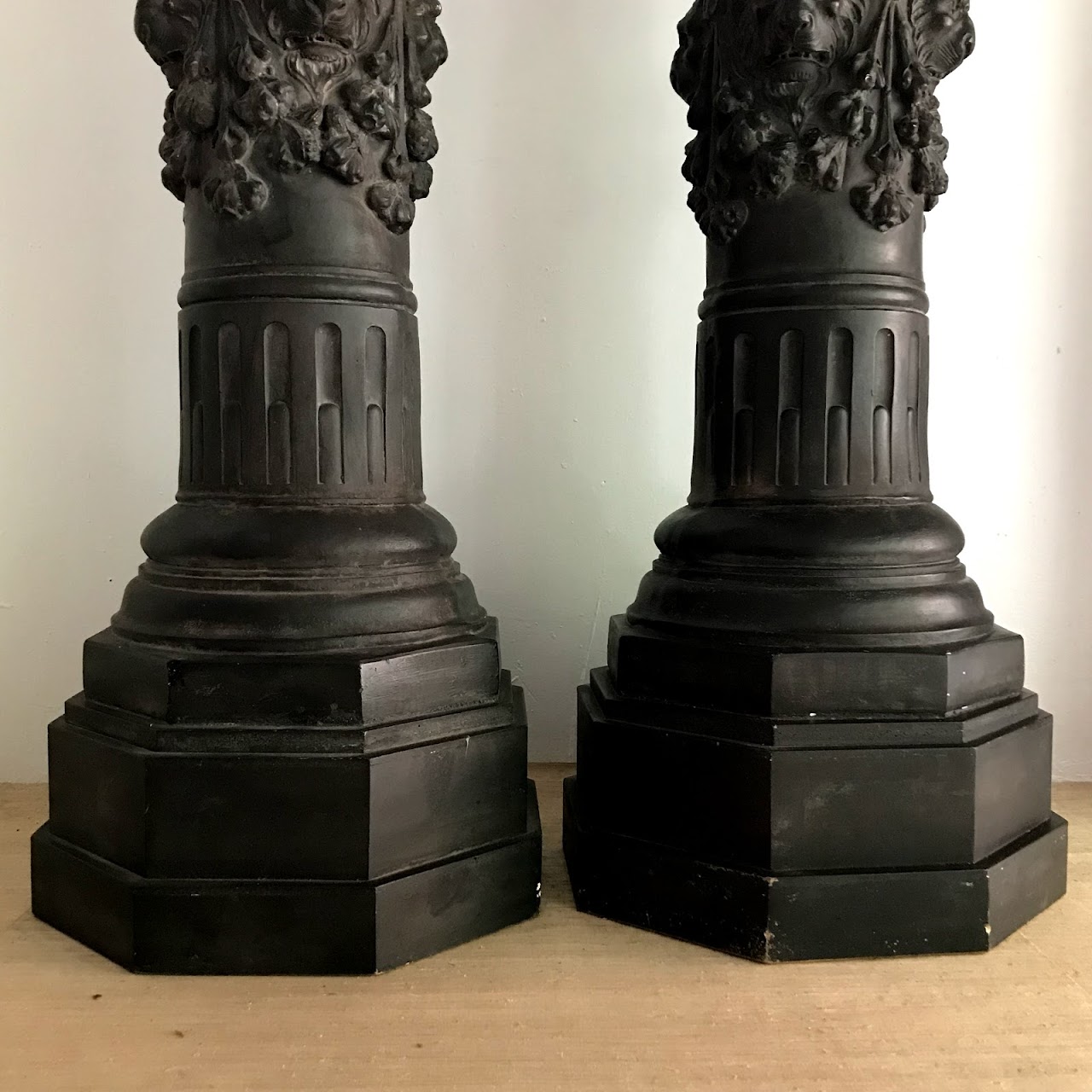 Lion's Head Plaster Column Pedestal Pair