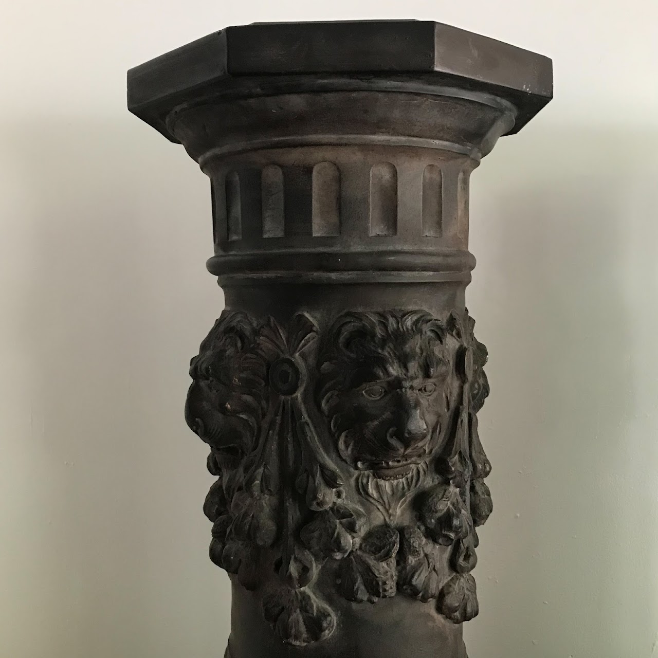 Lion's Head Plaster Column Pedestal Pair