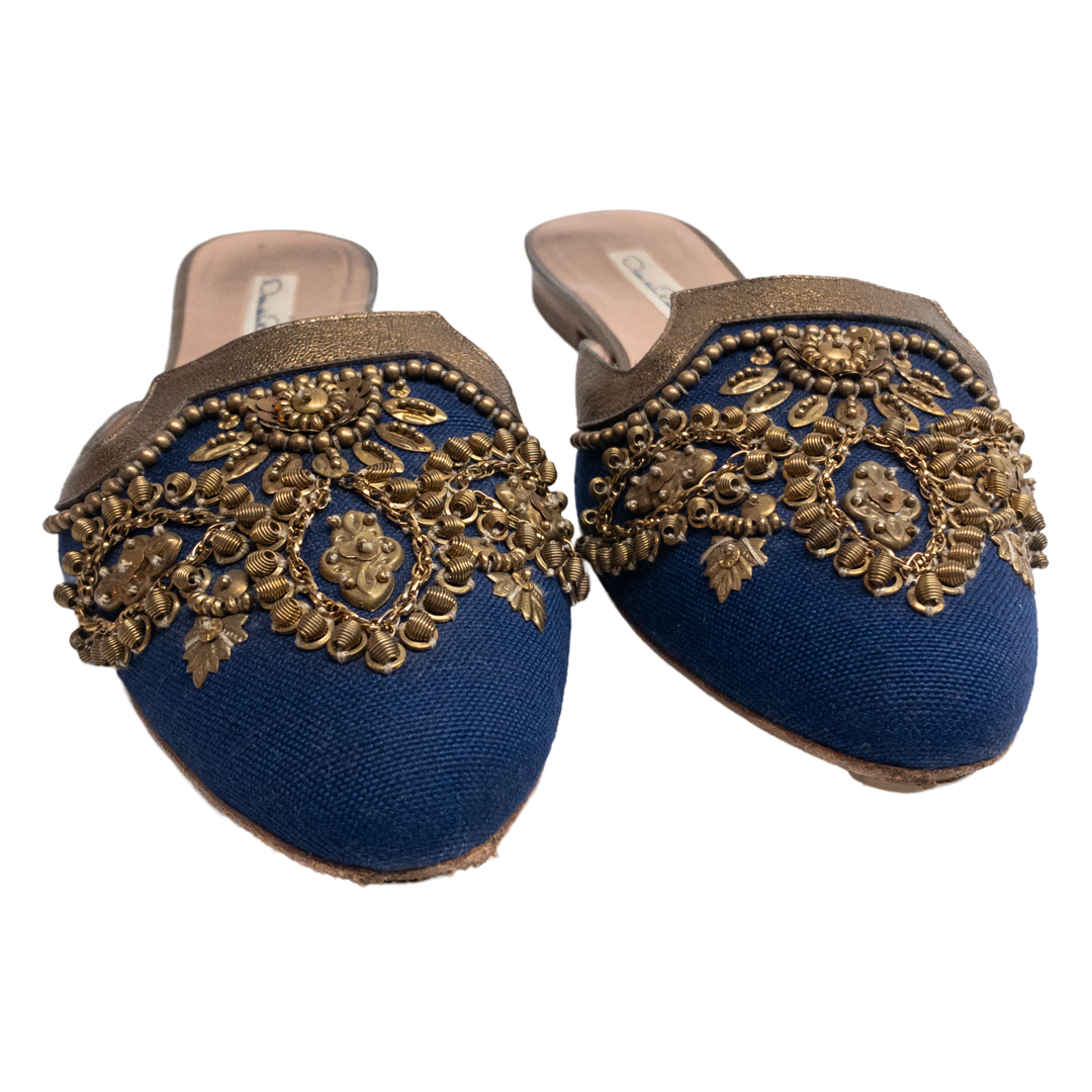 Oscar de la Renta Navy Blue Beaded Mules