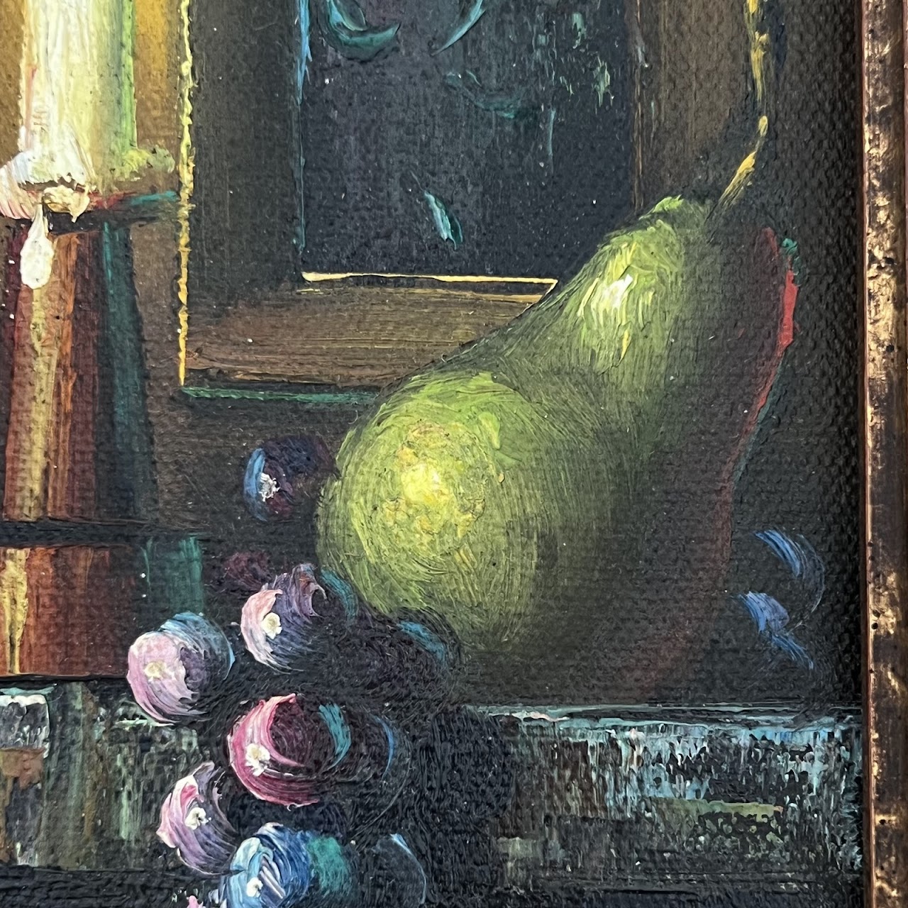 Still Life with Fruit and Candle Signed Oil Painting