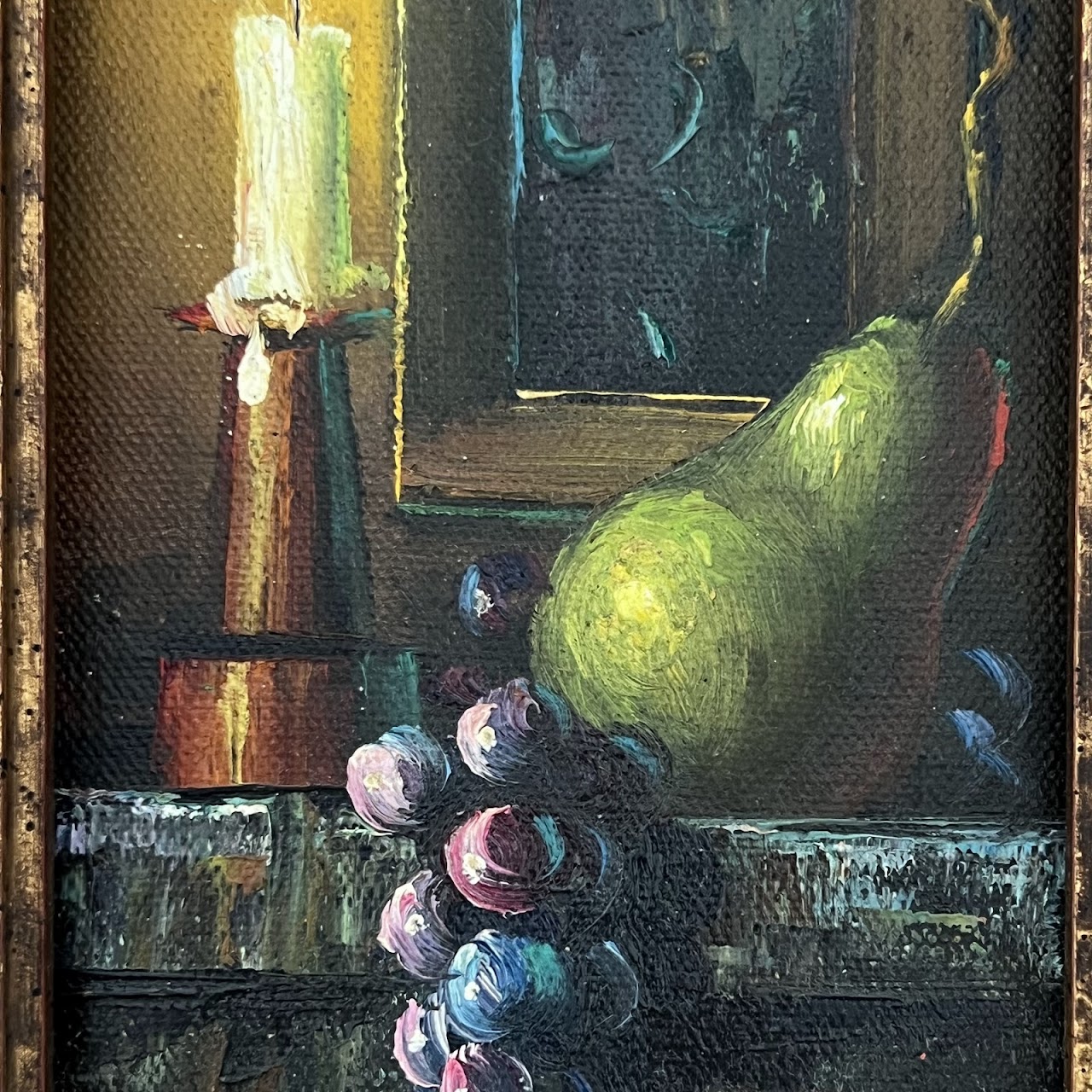 Still Life with Fruit and Candle Signed Oil Painting