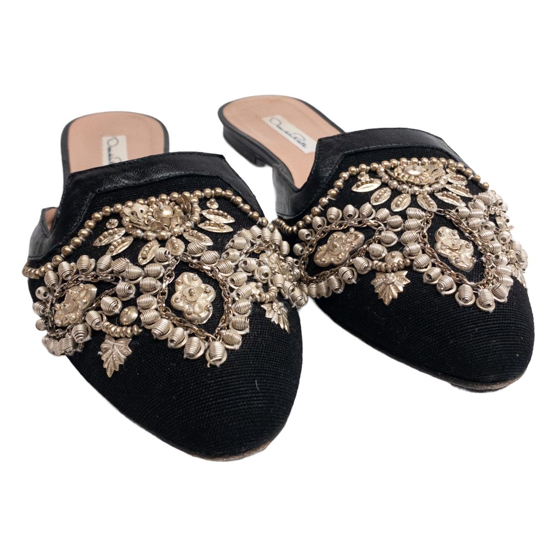 Oscar de la Renta Black Beaded Mules