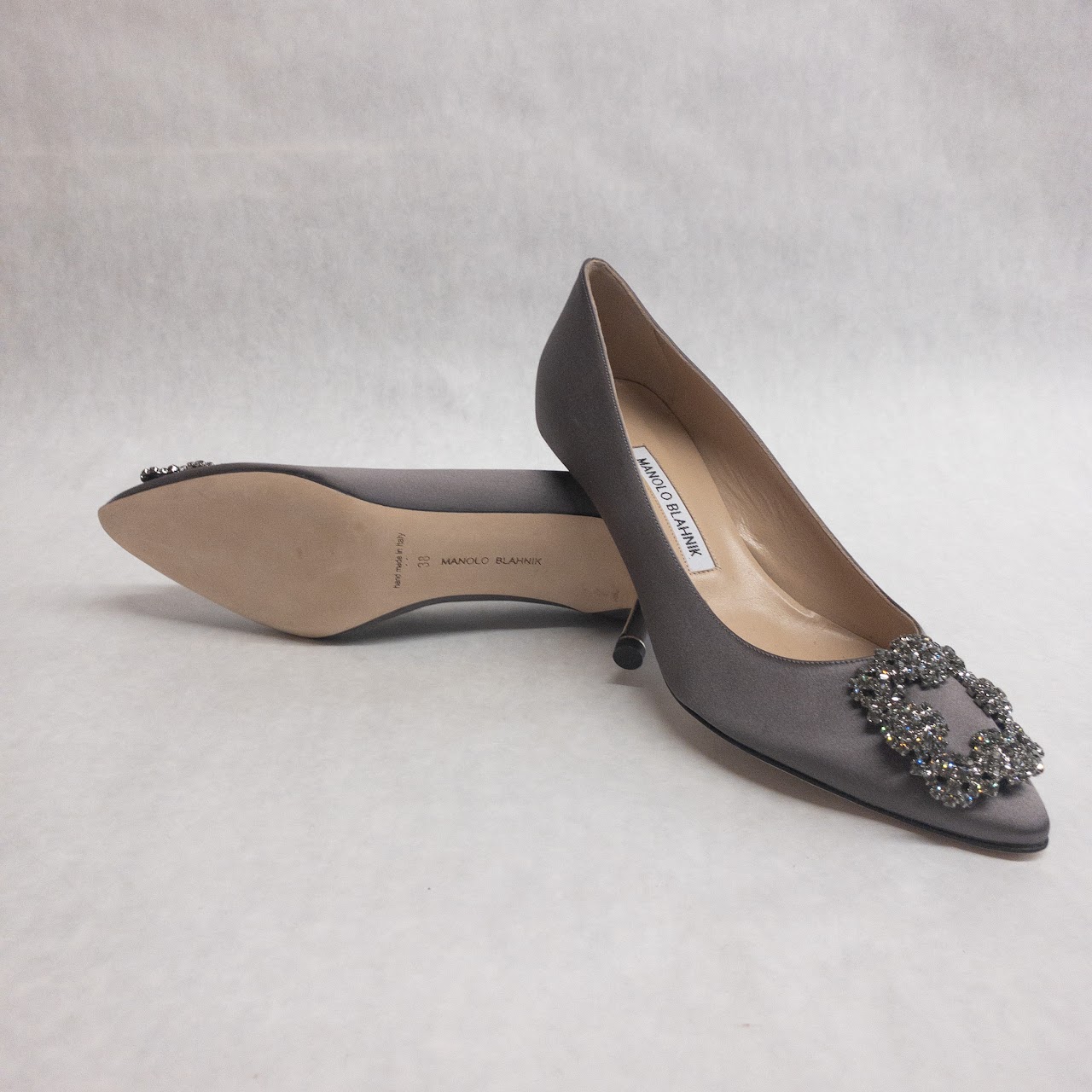 Manolo Blahnik Satin Rhinestone Buckle Pumps