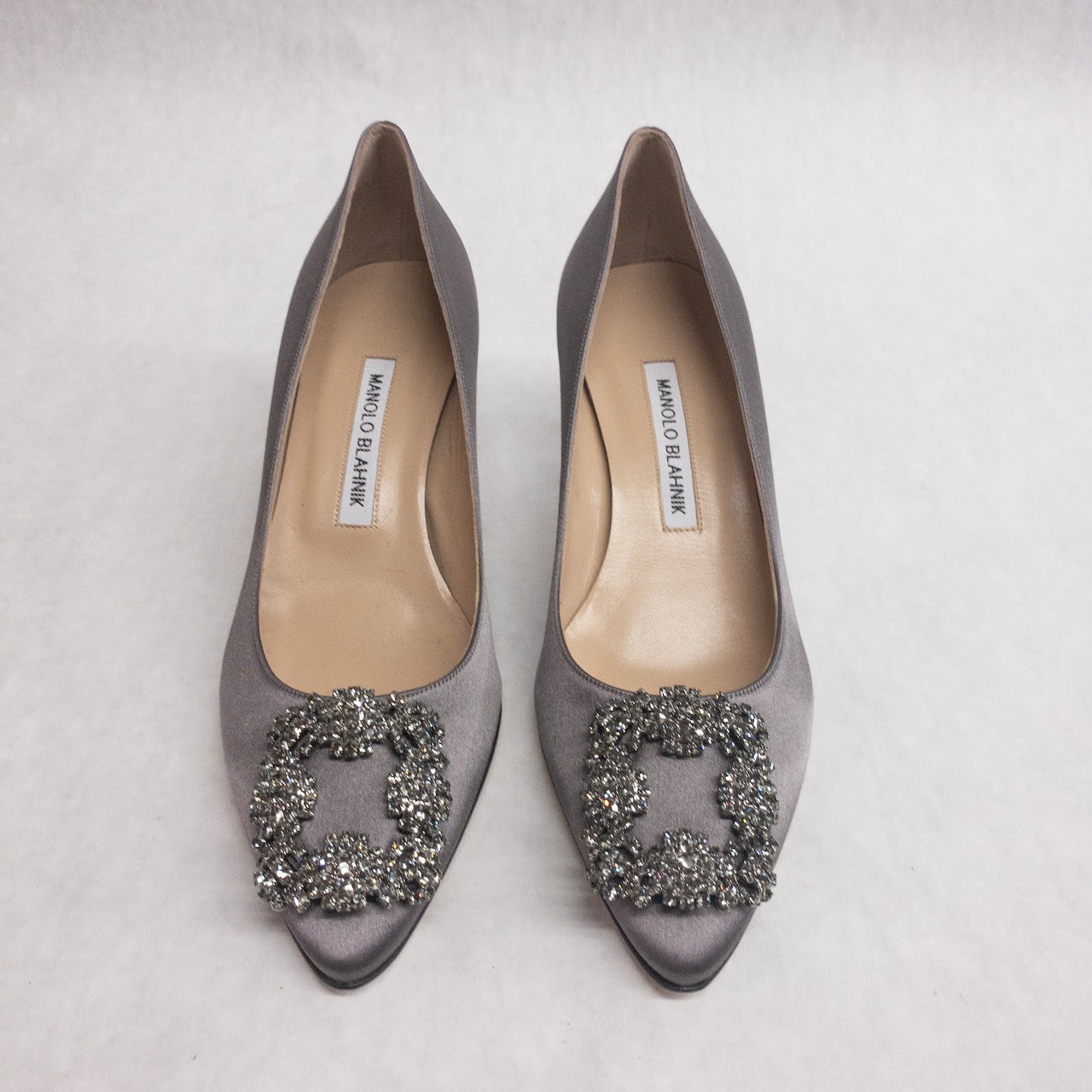 Manolo Blahnik Satin Rhinestone Buckle Pumps