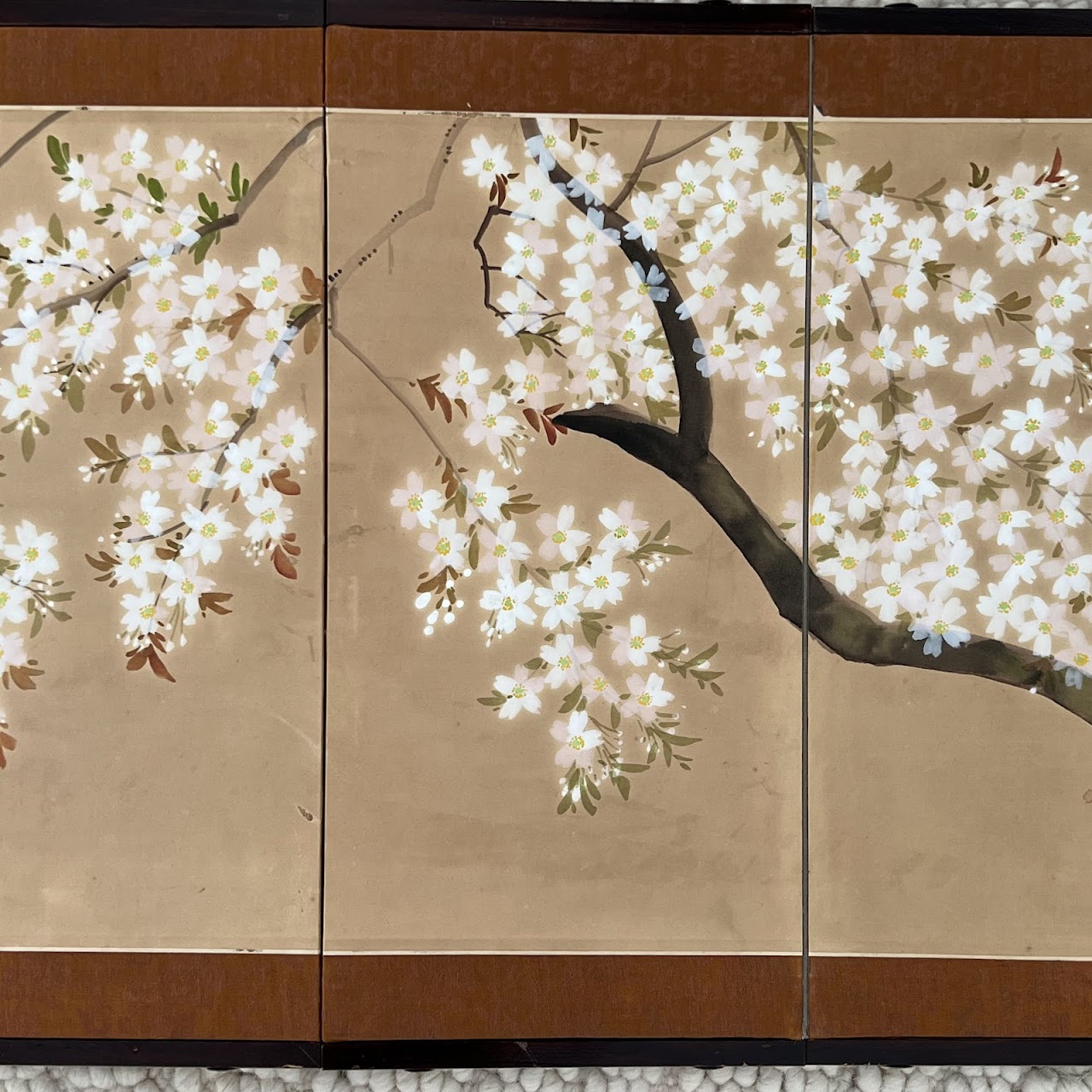 Japanese Cherry Blossom Hand-Painted Silk Four Panel Folding Table Screen