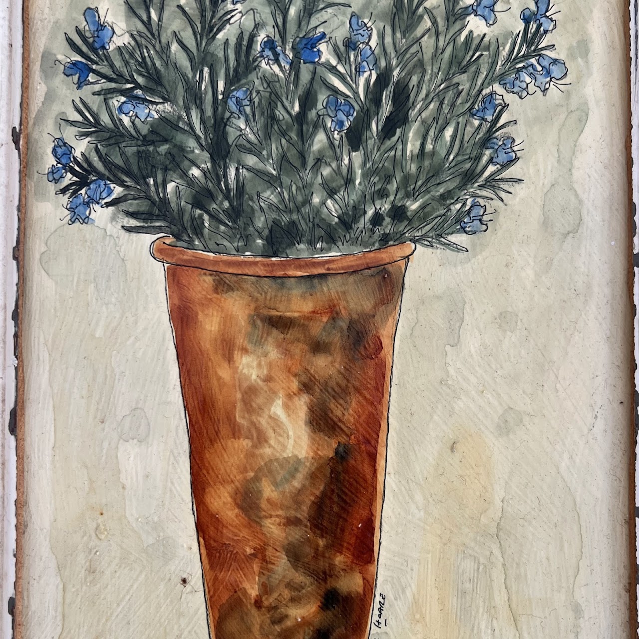 Liz Hoare 'Orange Tree' and 'Rosemary' Signed Culinary Botanicals Mixed Media Painting Pair