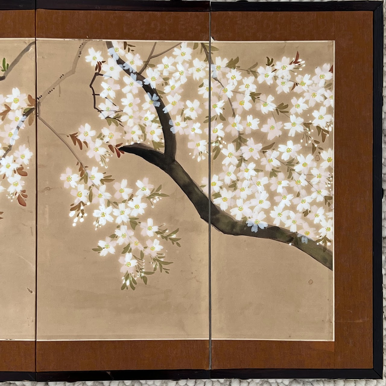 Japanese Cherry Blossom Hand-Painted Silk Four Panel Folding Table Screen