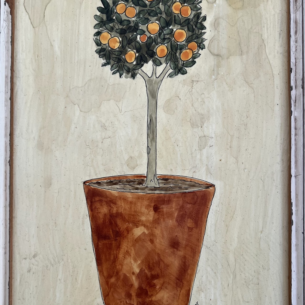 Liz Hoare 'Orange Tree' and 'Rosemary' Signed Culinary Botanicals Mixed Media Painting Pair