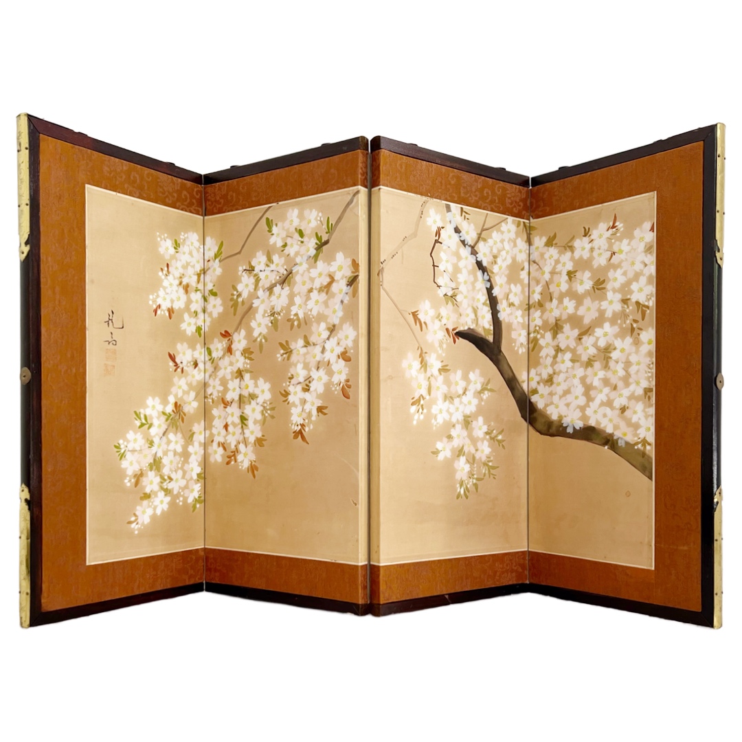 Japanese Cherry Blossom Hand-Painted Silk Four Panel Folding Table Screen