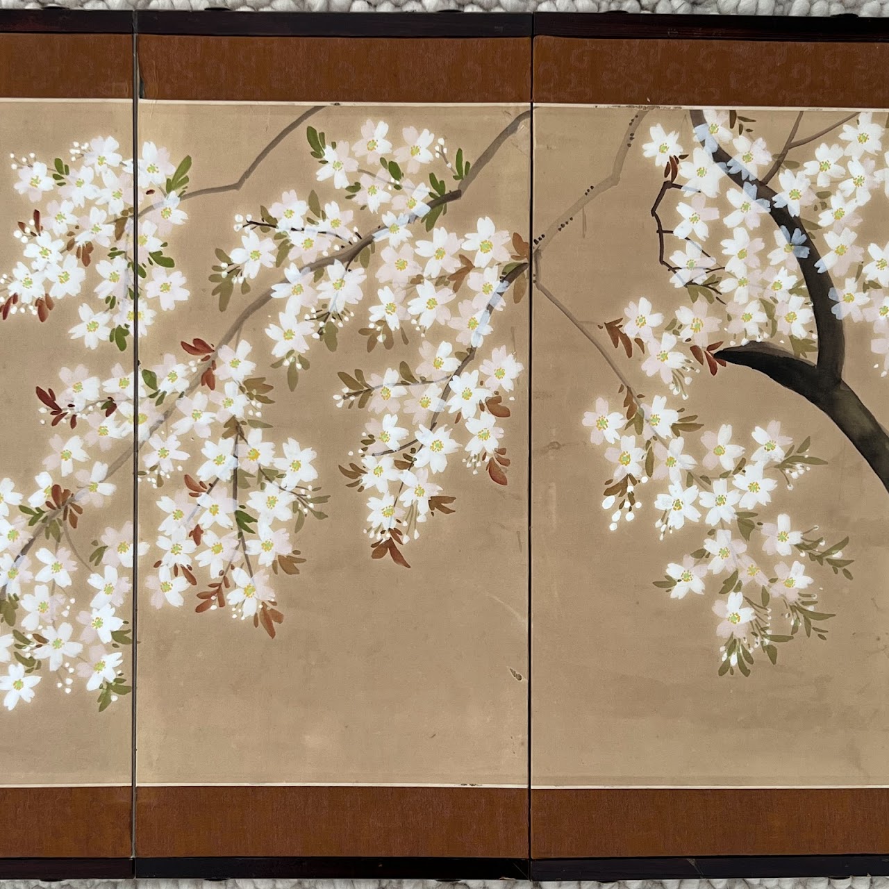 Japanese Cherry Blossom Hand-Painted Silk Four Panel Folding Table Screen