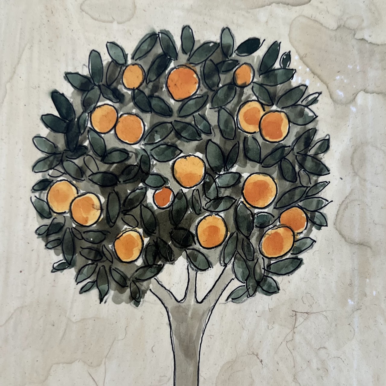 Liz Hoare 'Orange Tree' and 'Rosemary' Signed Culinary Botanicals Mixed Media Painting Pair