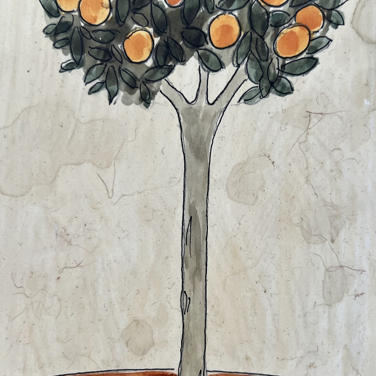 Liz Hoare 'Orange Tree' and 'Rosemary' Signed Culinary Botanicals Mixed Media Painting Pair