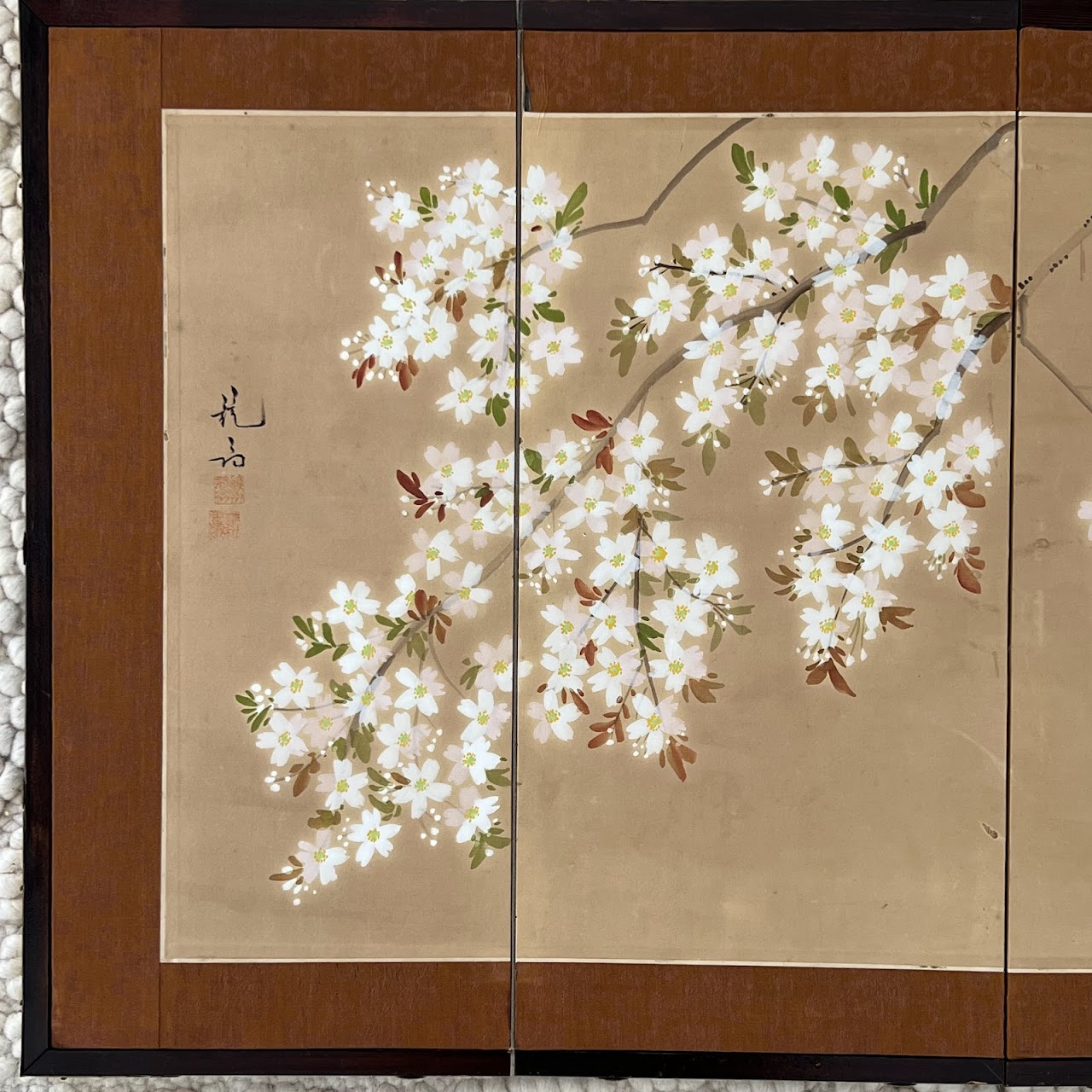 Japanese Cherry Blossom Hand-Painted Silk Four Panel Folding Table Screen