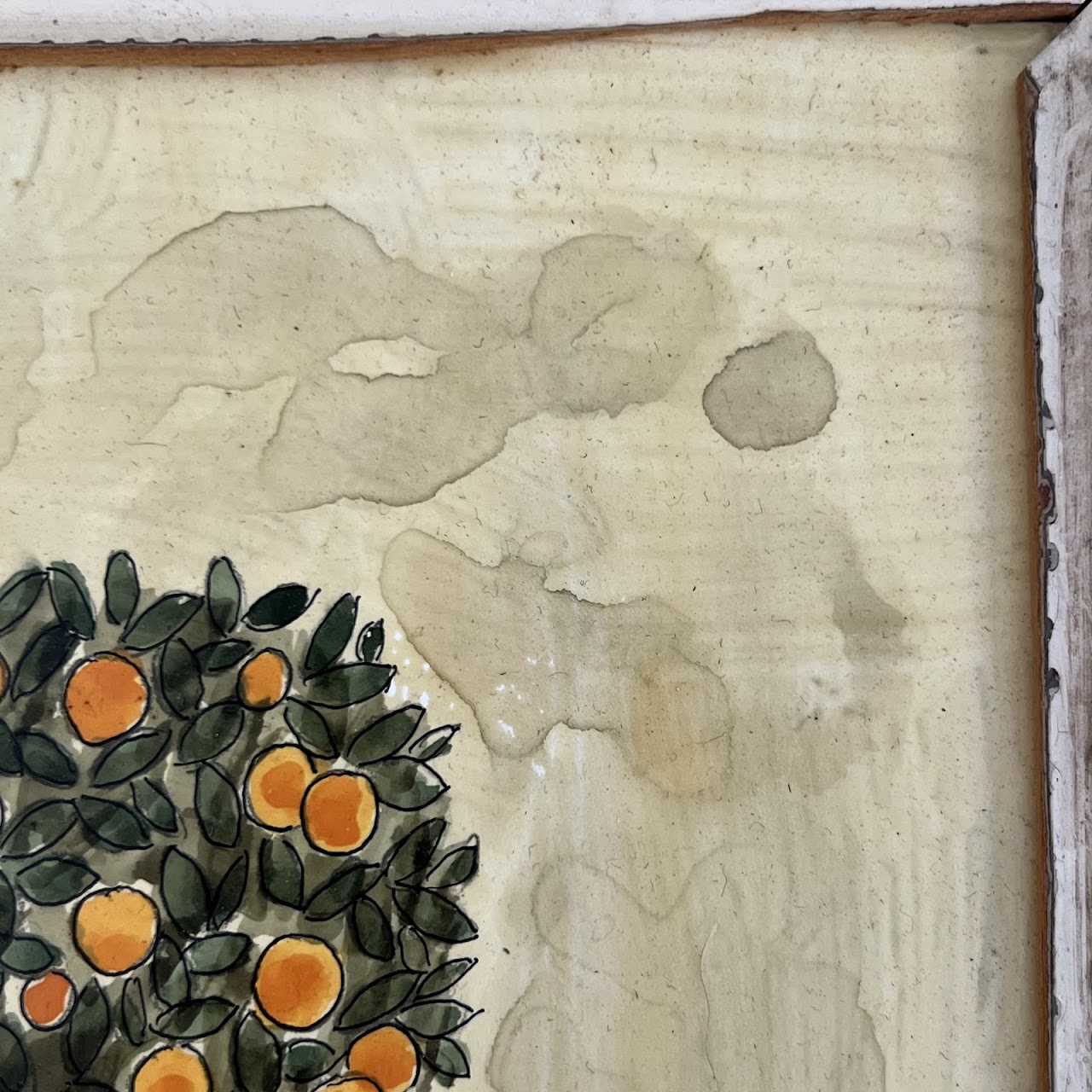 Liz Hoare 'Orange Tree' and 'Rosemary' Signed Culinary Botanicals Mixed Media Painting Pair