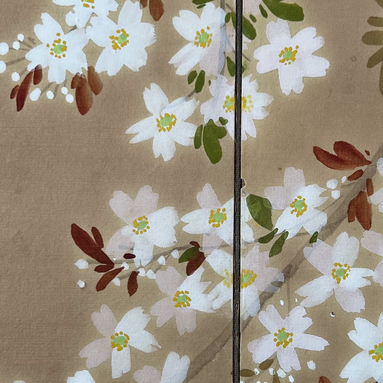 Japanese Cherry Blossom Hand-Painted Silk Four Panel Folding Table Screen