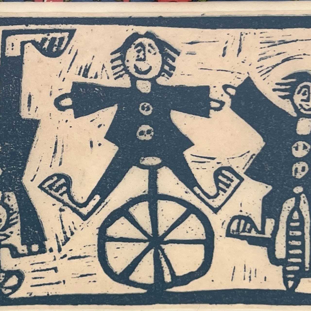 'Les Unicyclistes' Vintage Linocut