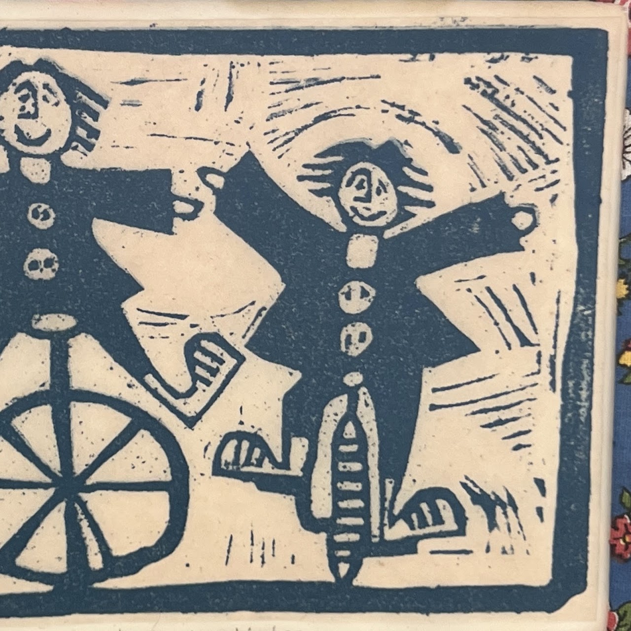 'Les Unicyclistes' Vintage Linocut