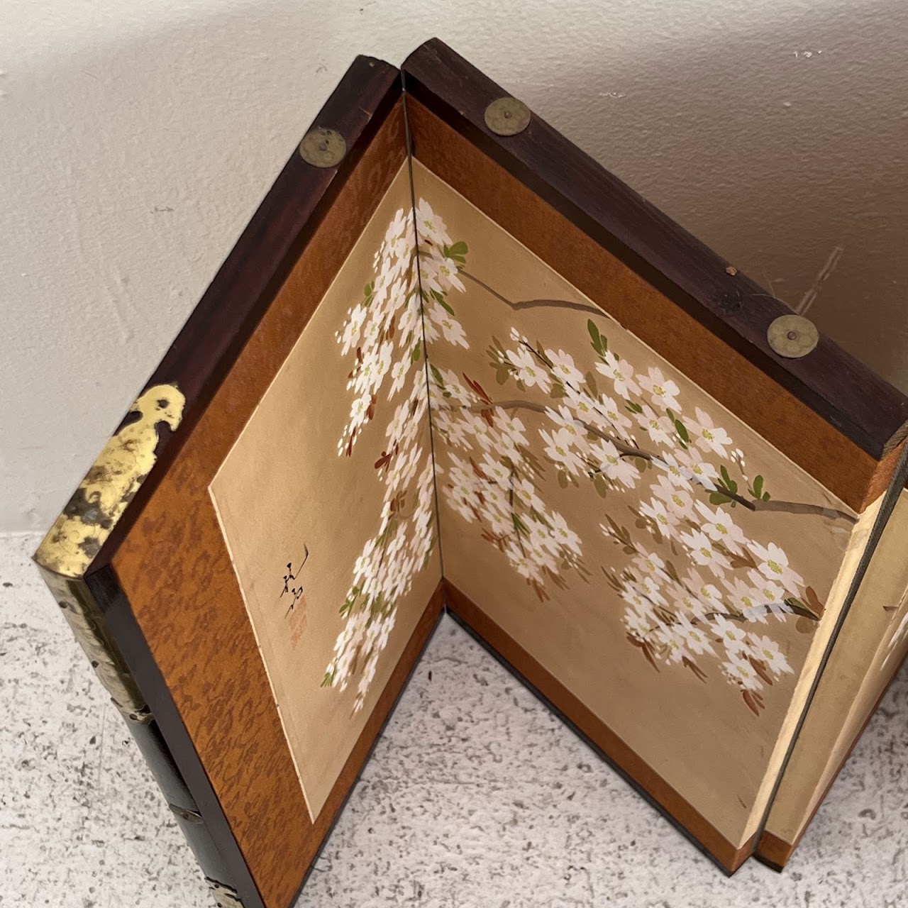 Japanese Cherry Blossom Hand-Painted Silk Four Panel Folding Table Screen