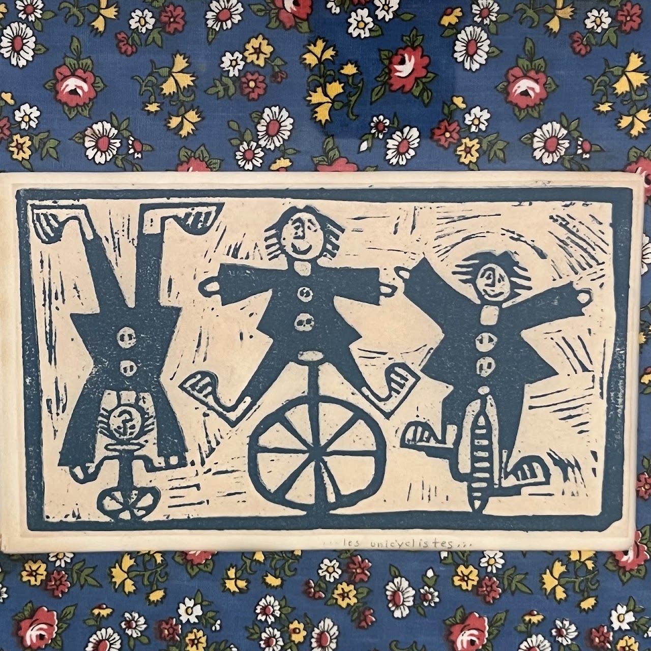 'Les Unicyclistes' Vintage Linocut