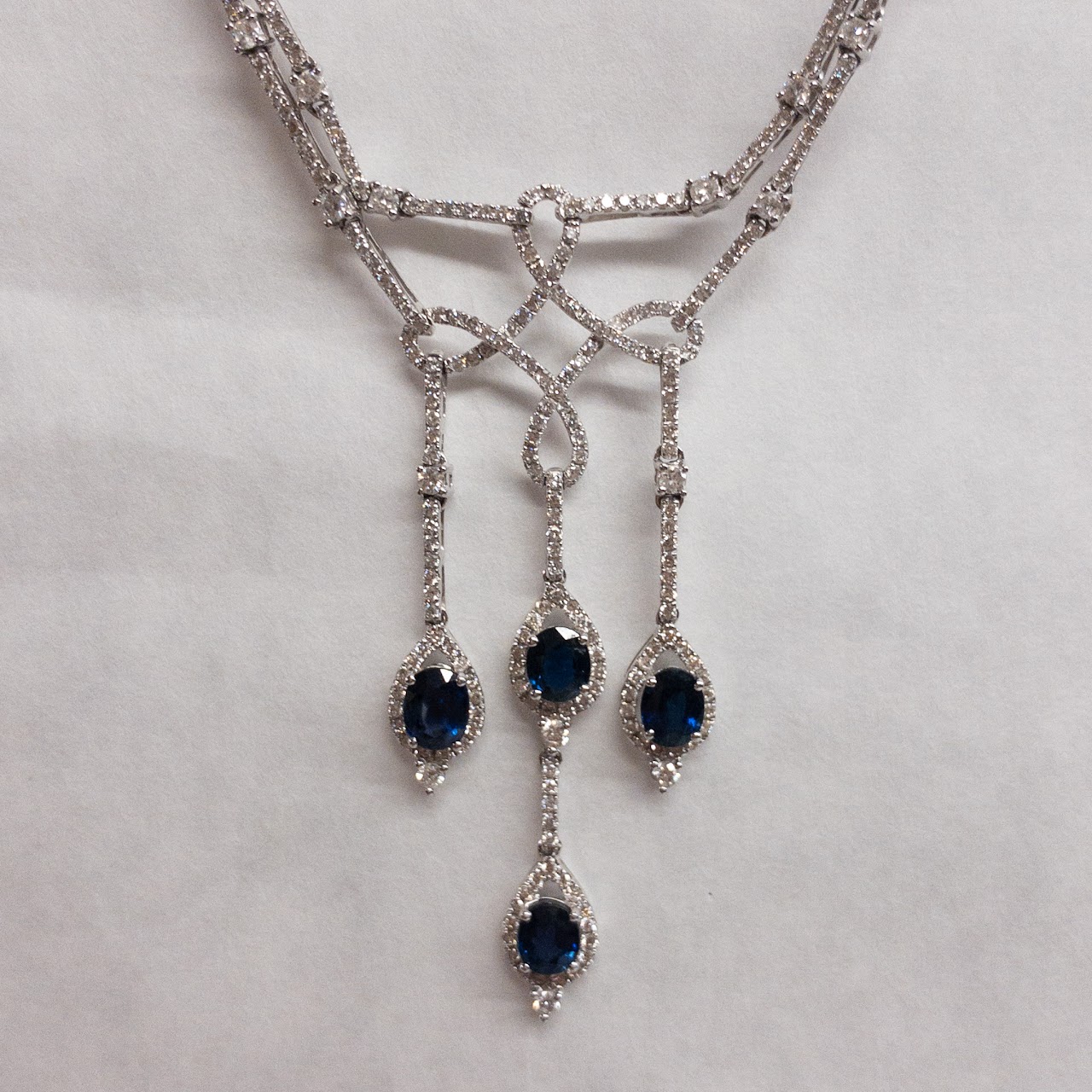 18K White Gold, Diamond & Sapphire Drop Necklace