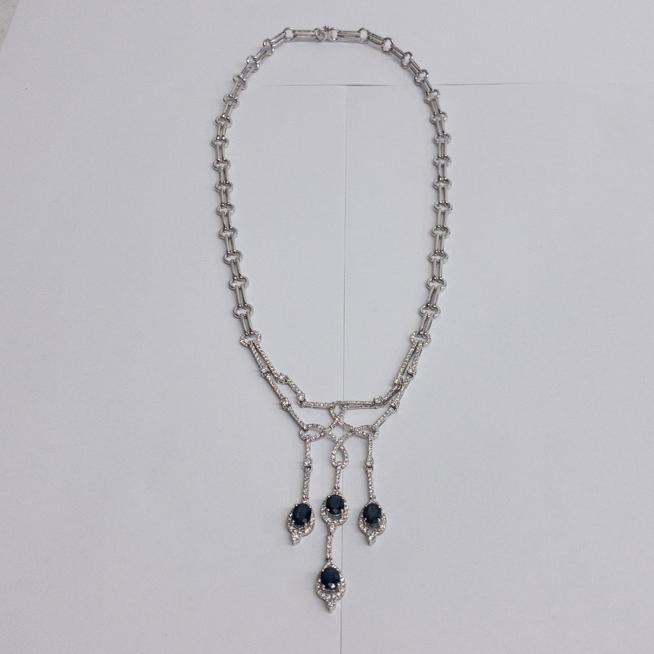 18K White Gold, Diamond & Sapphire Drop Necklace