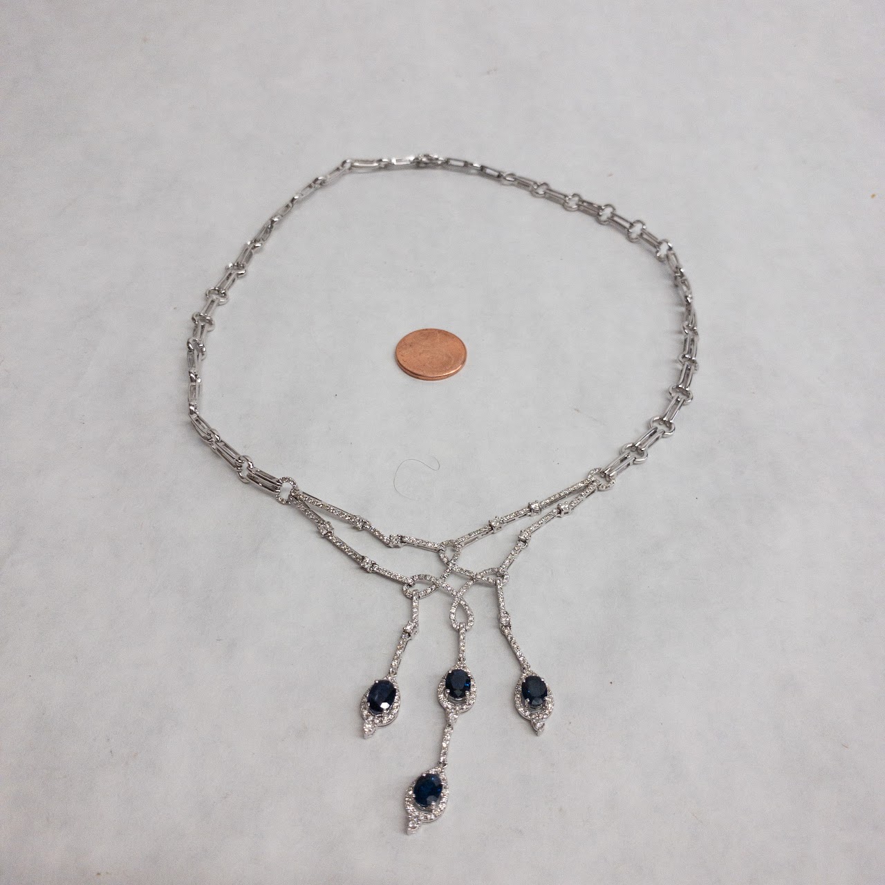 18K White Gold, Diamond & Sapphire Drop Necklace