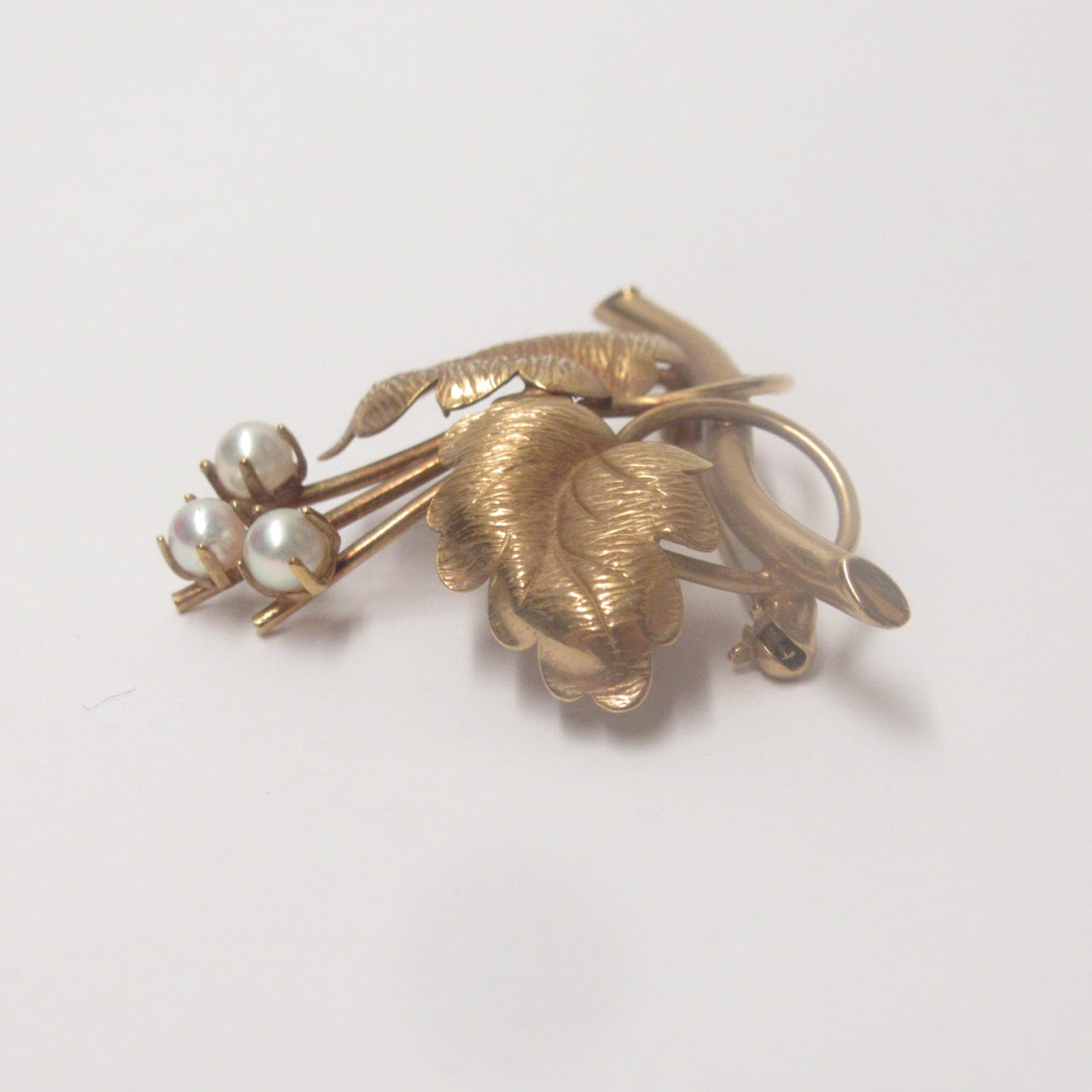 14K Gold & Pearl Leaves Brooch